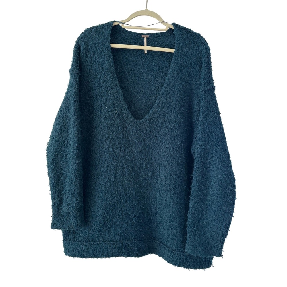 Free People Teal Blue Alpaca Blend Oversized V-Neck Boucle Sweater Medium